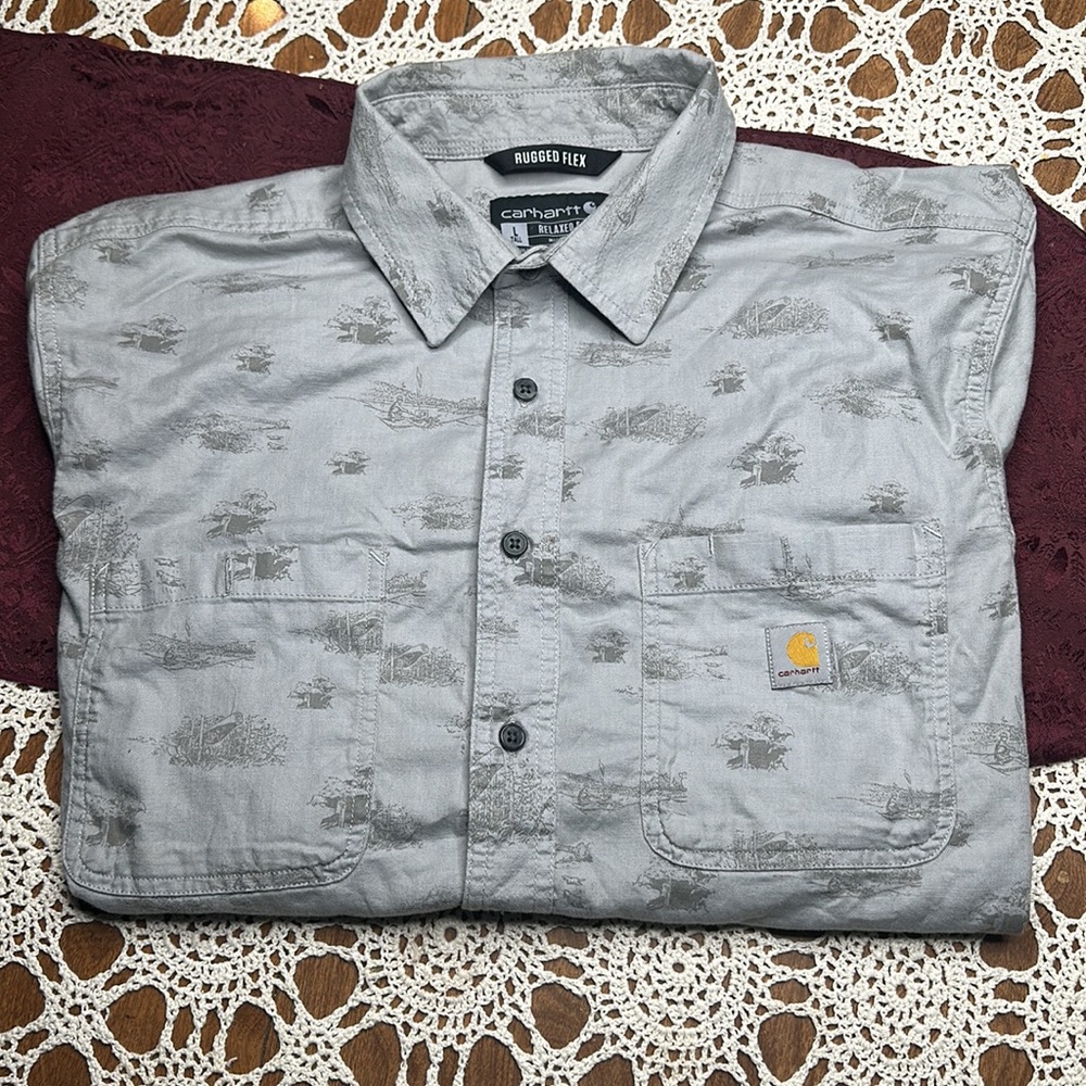 Carhartt Rugged Flex Relaxed fit button ss shirt camp sketch graphic grey L Tall